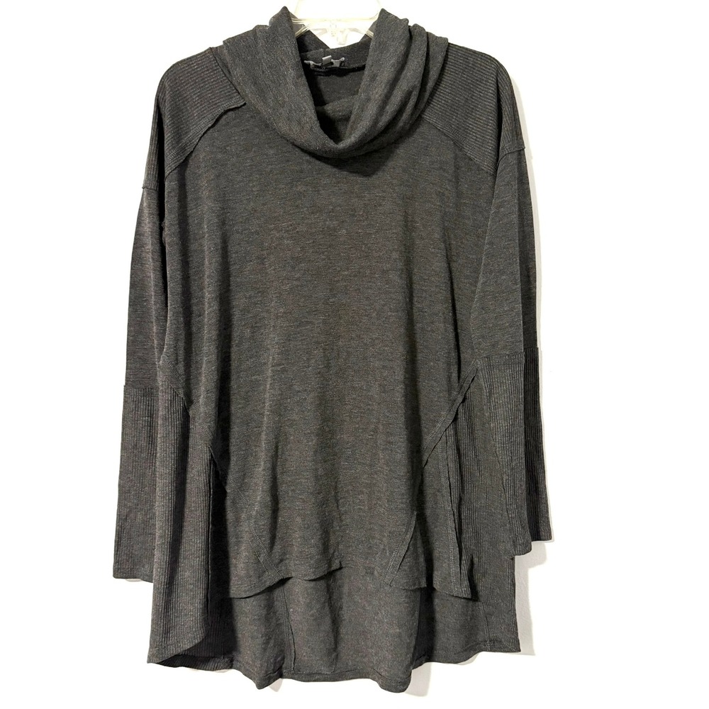 Neiman Marcus Dark‎ Gray Cowl Neck Long Sleeve Tunic Top Ribbed Accents